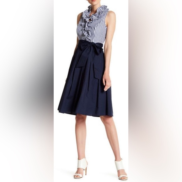 Eliza J Blue & White Striped Sleeveless Ruffle “Twofer” Midi Dress, size 6 - Picture 1 of 9